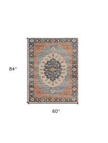 5' X 7' Blue Orange And Black Jute Medallion Hand Woven Area Rug