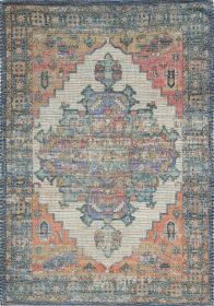 5' X 7' Blue Brick Red And Brown Jute Medallion Hand Woven Distressed Area Rug