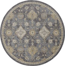 9' Sage And Slate Gray Wool Floral Medallion Distressed Round Rug