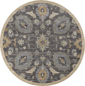 9' Taupe Orange And Gray Wool Floral Distressed Round Rug