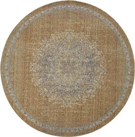 9' Brown And Gray Wool Medallion Distressed Round Rug