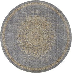 9' Slate Gray And Orange Wool Medallion Distressed Round Rug