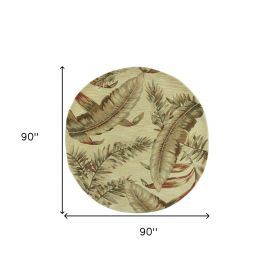 8' Brown Green And Red Wool Tropical Botanical Hand Tufted Round Rug