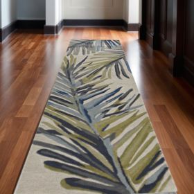 10' Ivory Blue And Green Wool Tropical Botanical Hand Tufted Runner Rug