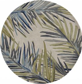 8' Ivory Blue And Green Wool Tropical Botanical Hand Tufted Round Rug