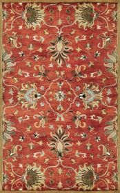 7' Rust Beige And Gray Wool Floral Medallion Hand Tufted Runner Rug