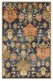 5' X 8' Navy Blue Orange And Brown Wool Medallion Hand Tufted Area Rug