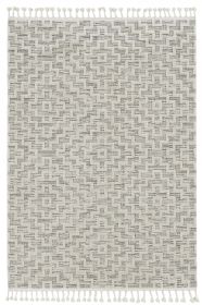 8' Ivory And Gray Geometric Runner Rug With Fringe