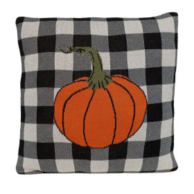 20" Black And White Pumpkin Buffalo Check Throw Pillow
