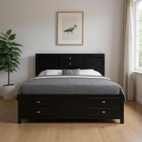 Black Carved Abstract Solid Wood King Bed Frame With Drawers