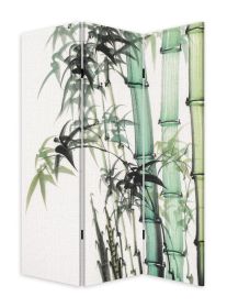 72" Green And White Canvas Folding Three Panel Screen Room Divider