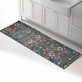 8' Blue And Orange Floral Distressed Runner Rug