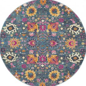 5' Blue And Orange Floral Distressed Round Rug
