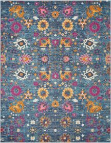 8' X 10' Blue And Orange Floral Distressed Area Rug