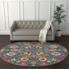 8' Blue And Orange Floral Distressed Round Rug