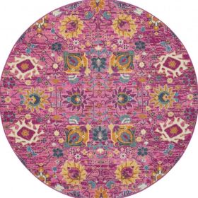 5' Fuchsia And Orange Floral Distressed Round Rug