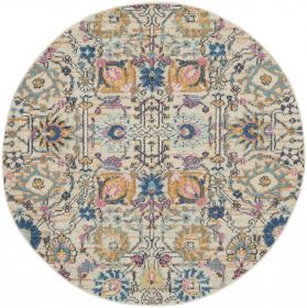 4' Ivory And Blue Floral Round Rug