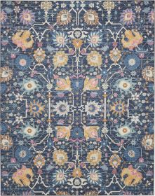 7' X 10' Navy Blue Yellow And Pink Floral Area Rug