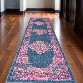 10' Blue And Pink Medallion Distressed Runner Rug