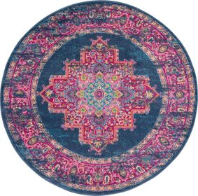 5' Blue And Pink Medallion Distressed Round Rug