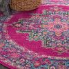 4' Fuchsia And Blue Oriental Distressed Round Rug