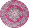 4' Fuchsia And Blue Oriental Distressed Round Rug