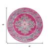 4' Fuchsia And Blue Oriental Distressed Round Rug