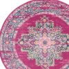 4' Fuchsia And Blue Oriental Distressed Round Rug