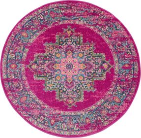 5' Fuchsia And Blue Oriental Distressed Round Rug