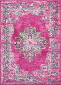 7' X 10' Fuchsia And Blue Oriental Distressed Area Rug