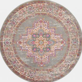 8' Gray And Gold Medallion Distressed Round Rug