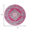 8' Fuchsia And Blue Oriental Distressed Round Rug