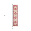 8' Ivory And Fuchsia Oriental Distressed Runner Rug