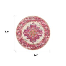 5' Ivory And Fuchsia Oriental Distressed Round Rug