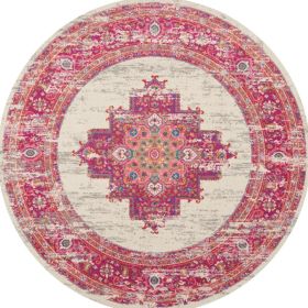 8' Ivory And Fuchsia Oriental Distressed Round Rug