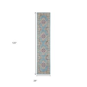 10' Blue And Ivory Southwestern Distressed Runner Rug