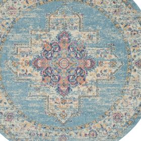 4' Blue And Ivory Southwestern Distressed Round Rug