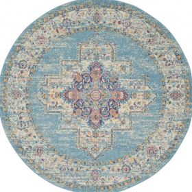 5' Blue And Ivory Southwestern Distressed Round Rug