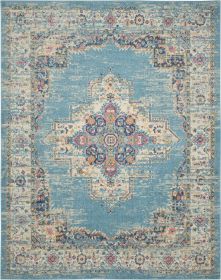 7' X 10' Blue And Ivory Medallion Distressed Area Rug