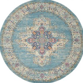 8' Blue And Ivory Southwestern Distressed Round Rug