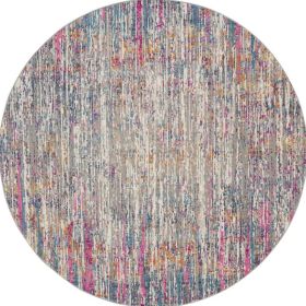 5' Ivory And Blue Abstract Round Rug
