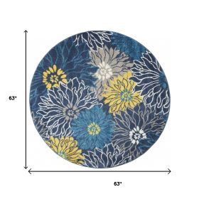 5' Blue And Gold Floral Round Rug