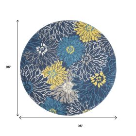 8' Blue And Gold Floral Round Rug