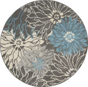 4' Blue And Gray Floral Round Rug