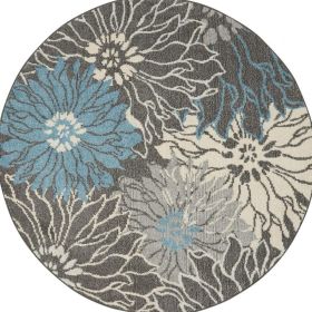 5' Blue And Gray Floral Round Rug