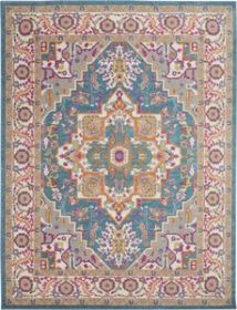 8' X 10' Teal And Ivory Medallion Distressed Area Rug