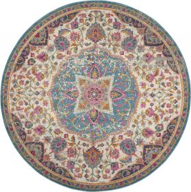 4' Ivory And Blue Medallion Round Rug