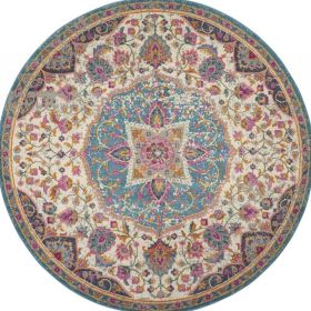 5' Ivory And Blue Medallion Round Rug