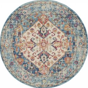 5' Ivory And Blue Oriental Distressed Round Rug