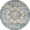 8' Ivory And Blue Oriental Distressed Round Rug